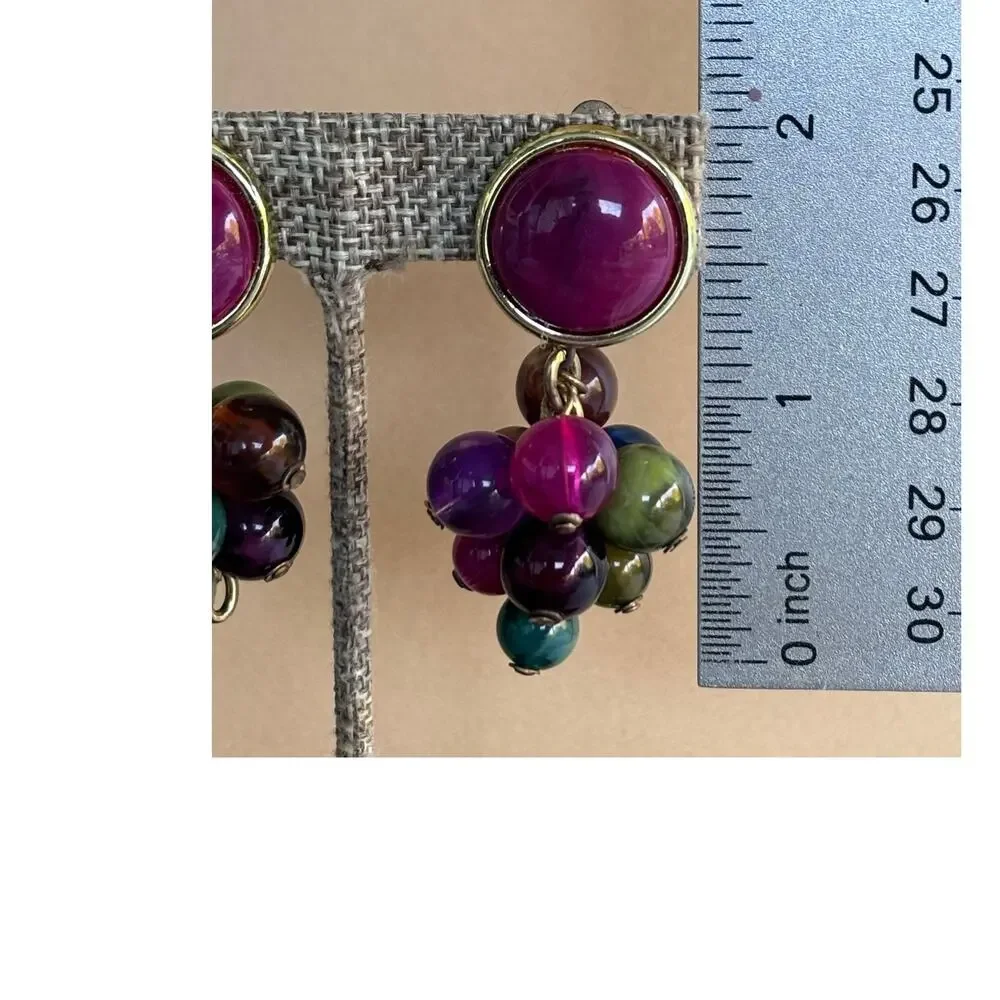 Vintage 80's Enamel & Jewel Tone Beaded Drop Dangle Earrings